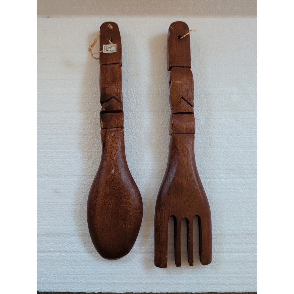 VTG Souvenir Wood Fork & Spoon Carved Tiki Totem Mid Century Decor Kitchen